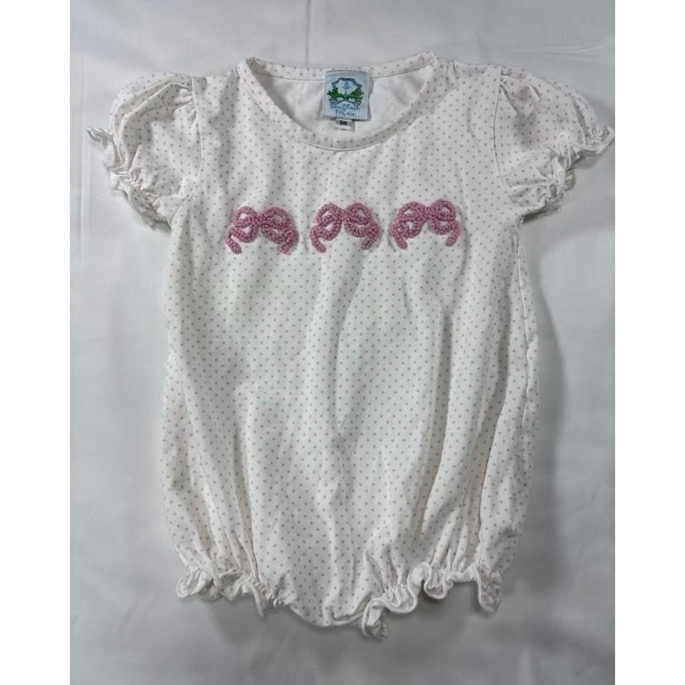 Southern Taters Girls White Pink Polka Dot Bow Romper Short Sleeve 9 Months